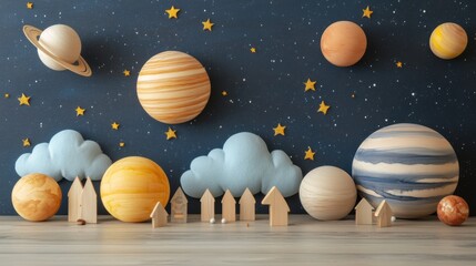 Fototapeta premium Wooden space decor with fluffy clouds, blending handcrafted wooden planets and soft cloud designs, ideal for space-themed interiors