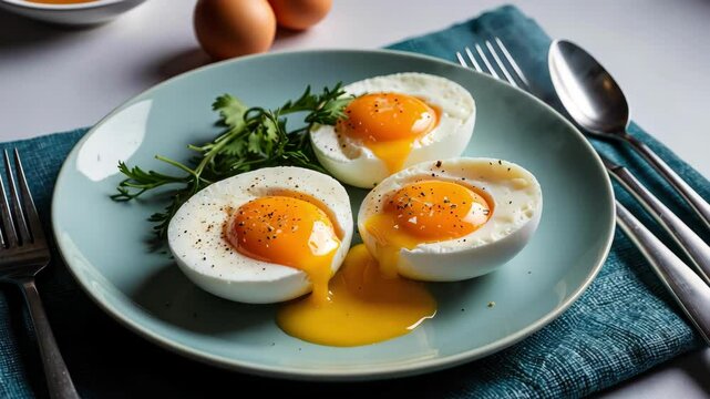 Three perfectly cooked eggs on a plate with vibrant yolks, garnished with cilantro in a warm, inviting kitchen