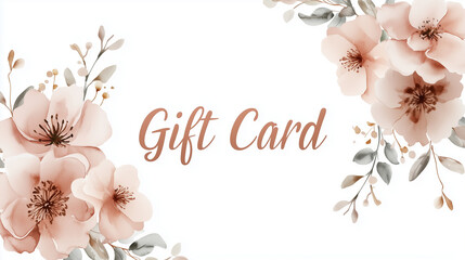 Blush Pink Floral Gift Card: A soft blush-pink floral wreath encircles the words "Gift Card" on a white background. Delicate watercolor blossoms and subtle gold accents complete th