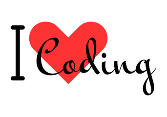 I love Coding creative slogan. Hand drawn letters with red heart. Vector illustration, lettering in modern design