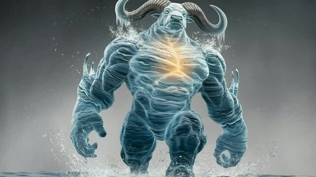 a towering water figure radiating strength and stability, with a robust torso and arms sculpted from powerful, rippling currents. two massive, icy horns curve upward, glinting like frosted spires. its