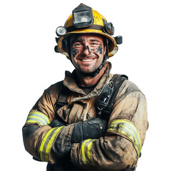 PNG Ultra HD firefighter portrait smiling at camera having smoke marks isolated on transparent background