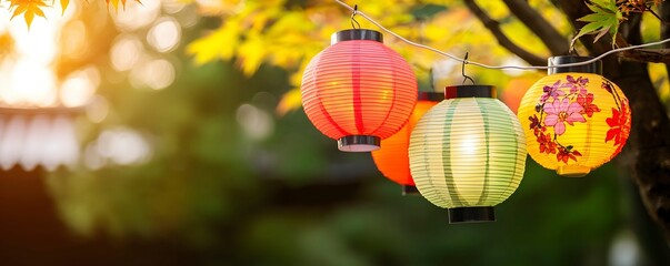 Obraz premium Colorful Lanterns Hanging in a Natural Setting