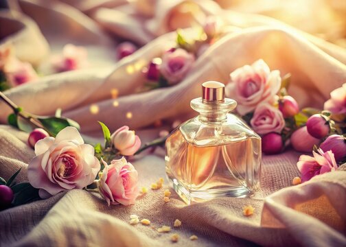 Elegant vintage perfume bottle photography. Linen backdrop, delicate flowers, wide banner format, ample copy space.