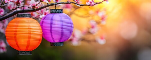 Colorful Lanterns Hanging in Spring Blossom Scene