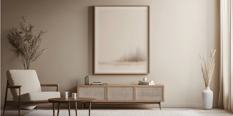 Fototapeta premium Sleek Walnut Media Console with Retro Hairpin Legs in Elegant Living Room Decor