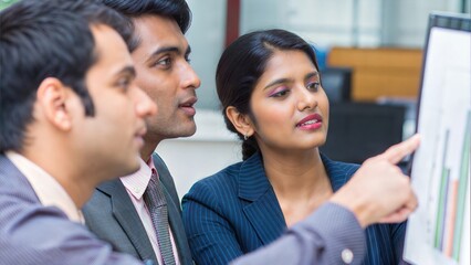 Indian business professionals presenting charts and data to colleagues in an office meeting.
