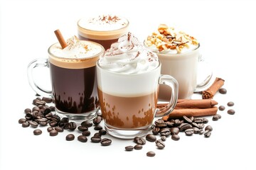Popular coffee beverages with varying toppings and spices