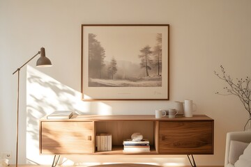 Sleek Walnut Media Console with Retro Charm in Elegant Living Room