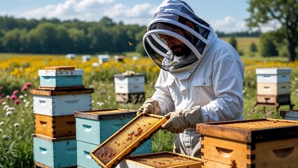 Beekeeper in Full Protective Clothing Carefully Holding a Frame of Bees and Honeycomb in a Sustainable Bee Hive