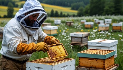 Beekeeper in Full Protective Clothing Carefully Holding a Frame of Bees and Honeycomb in a Sustainable Bee Hive