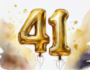 Fototapeta premium Gold birthday / anniversary party balloon, number 41, watercolor painting with white background