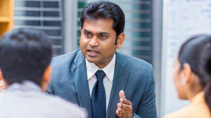 Fototapeta premium Indian team leader inspiring the office team during a team-building session. 