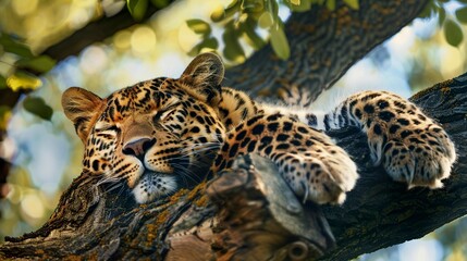 Obraz premium A photo of a leopard resting in a tree.