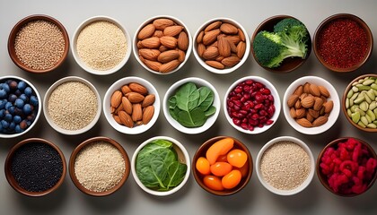 Naklejka premium Variety of superfoods such as quinoa, kale, and berries arranged in bowls for a nutritious diet
