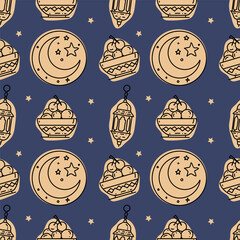Ramadan background. Hand drawn vector seamless pattern.