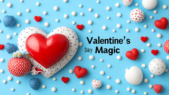 Valentine's Day decoration with colorful polka dot elements and heart-shaped designs on a vibrant blue background
