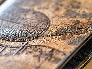 Naklejka premium Closeup of textured leather with embossed world map design. Rich, vintage aesthetic ideal for travel, adventure, or historical themes. Perfect for websites, brochures, or product packaging.