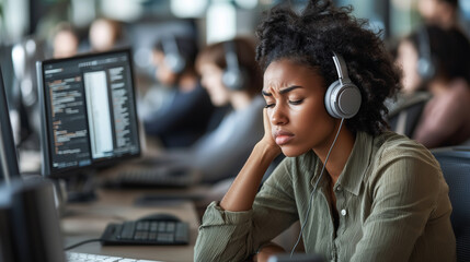 A modern call center with a tired operator in front of multiple screens displaying appointment booking interfaces and customer queries. Headphones rest slightly askew, and digital