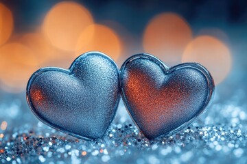 Fototapeta premium Two silver hearts sitting on a reflective surface, ideal for use in jewelry, gift, or luxury product promotions