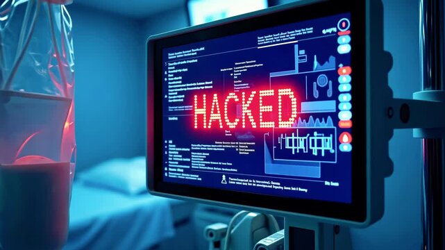 A hospital monitor displays "HACKED," indicating a cybersecurity breach in a medical setting.