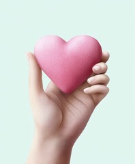 Obraz premium Valentine theme concept, A hand holding a soft pink heart against a light background, symbolizing love and care.