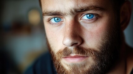 Obraz premium Portrait of a person with bright blue eyes from a close perspective