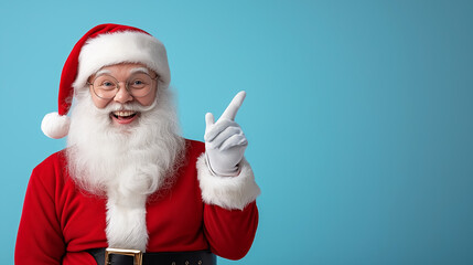 Naklejka premium Cheerful Santa in a minimalist setting with blue backdrop highlighting festive spirit and seasonal joy