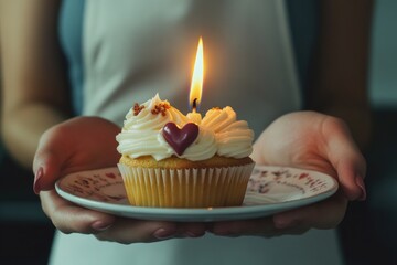 A person holding a plate with a cupcake, suitable for food and baking related images