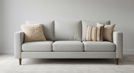 Naklejka premium Grey sofa with stylish cushions in modern living room interior 