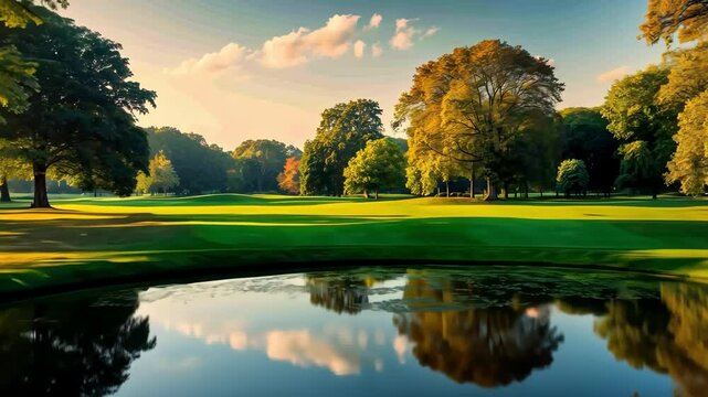Sunlit golf course landscape with vibrant trees reflecting in tranquil water, conveying calm and leisure in a serene outdoor setting