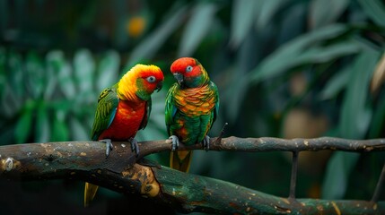 Obraz premium A photo of a pair of parrots perched on a branch