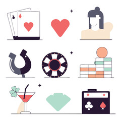 Elegant Casino Icons: Gambling Symbols, Black & White Vector Graphics Set win dice risk loss game   