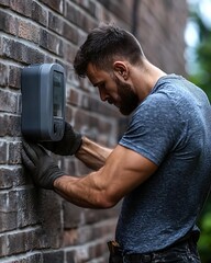 Man installing a wall-mounted device