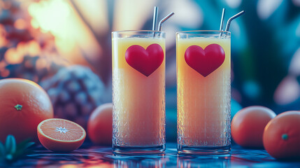 Refreshing citrus drinks served in clear glasses with heart decorations alongside fresh oranges at sunset