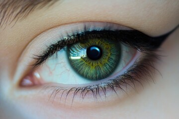 A detailed view of a single green eye with eyelashes and iris