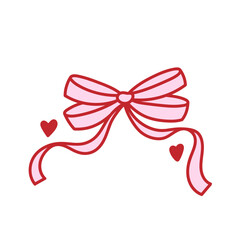 Naklejka premium Coquette pink bow of ribbon with red cute hearts. Beautiful holiday decorative element, festive gift decor. Vector clip art