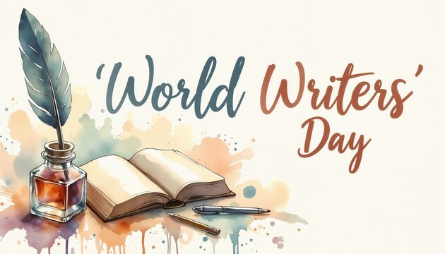 Watercolor quill, inkpot, and open notebook for World Writers' Day