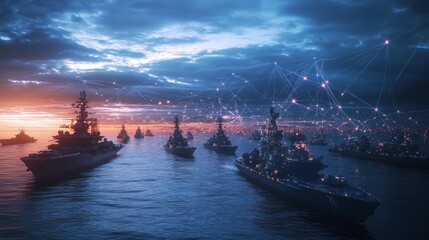 Modern military assets display  fighter jets, ships, satellites, and data connectivity links