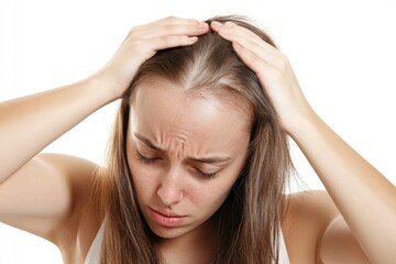 Naklejka premium A woman sits with her hands on her head, looking distressed