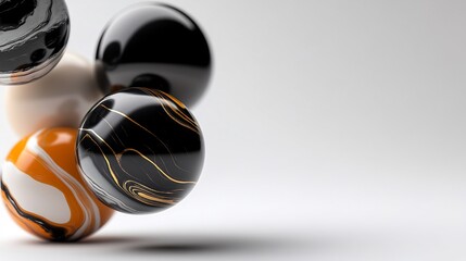 Abstract spheres, black, white, gold and orange marble texture, elegant and modern design, 3D rendering, clean background