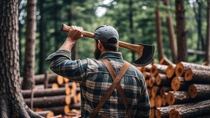 Naklejka premium Lumberjack Standing in a Dense Forest Holding an Axe, Surrounded by Tall Trees in a Remote Woodland Setting