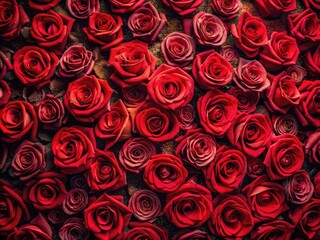 Luxurious vertical red rose wallpaper; top-down, low-light floral photography.  A stunning red rose background.