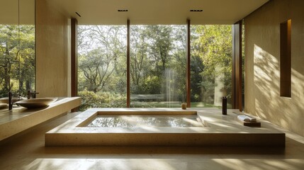 Fototapeta premium A bathroom with natural light pouring in through large windows, highlighting minimalist design elements like smooth stone tiles and sleek fixtures