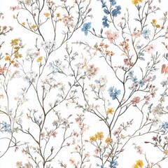 Elegant seamless floral pattern featuring delicate wildflowers and botanical elements on white