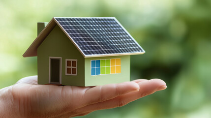 A miniature flat green house with glossy solar panels covering its roof, delicately balanced on a hand with visible textures, set against a blurred background featuring a colorful