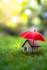 Real estate concept small house model with red umbrella