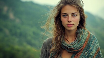 Fototapeta premium Young Woman with Long Hair Posing Outdoors