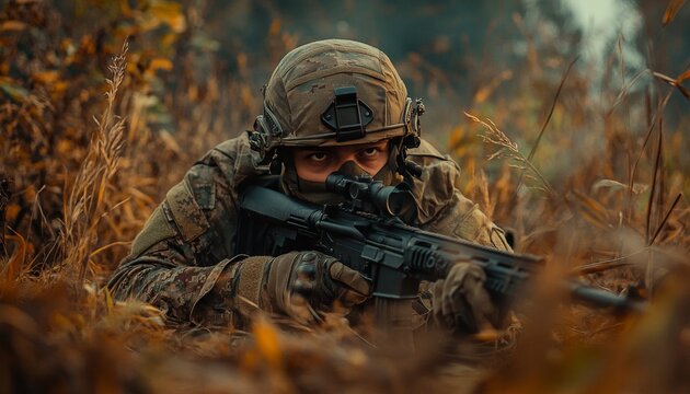 Dynamic photography capturing a pubg soldier in intense military combat and strategic warfare action
