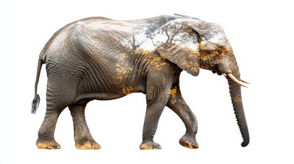 Obraz premium Majestic elephant with double exposure of african savannah wildlife scene